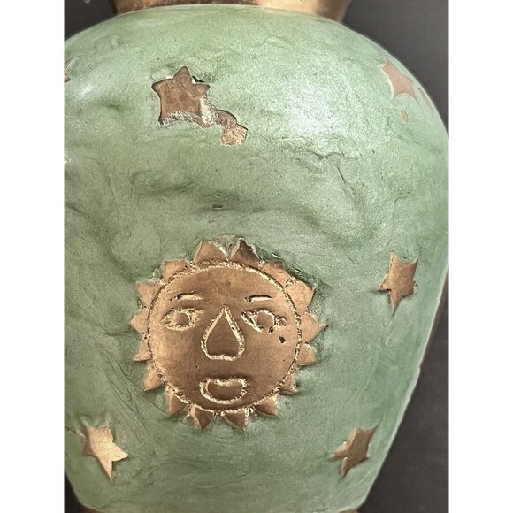 Solid Brass & Green Enamel Vase Celestial Sun Moon Stars Made in India 4-3/4" - Picture 6 of 14